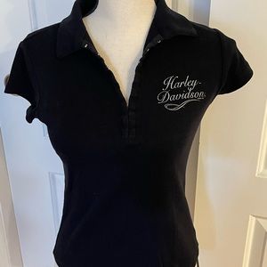 Harley Davidson Women’s size small hook closure collared  v neck black shirt